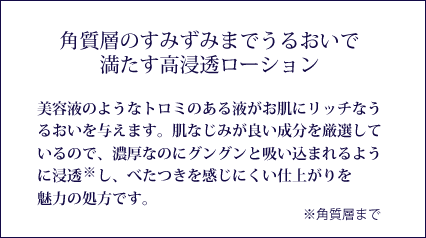 高浸透処方でお手入れ効果を底上げ 洗顔直後のお肌に、吸い込まれるようにぐんぐん浸透する高浸透処方。たっぷりと配合されたプラチナスキンイルミネイトと12種類の美容成分が、お肌のすみずみまで満たし、ふっくら柔らかく整え、その後のお手入れの効果を底上げします。